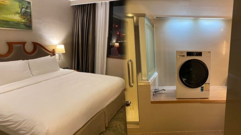 酒店浴缸木板圍封兼重物鎮壓